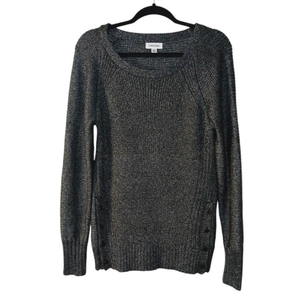 Calvin Klein button side metallic thread gray heavy sweater size large